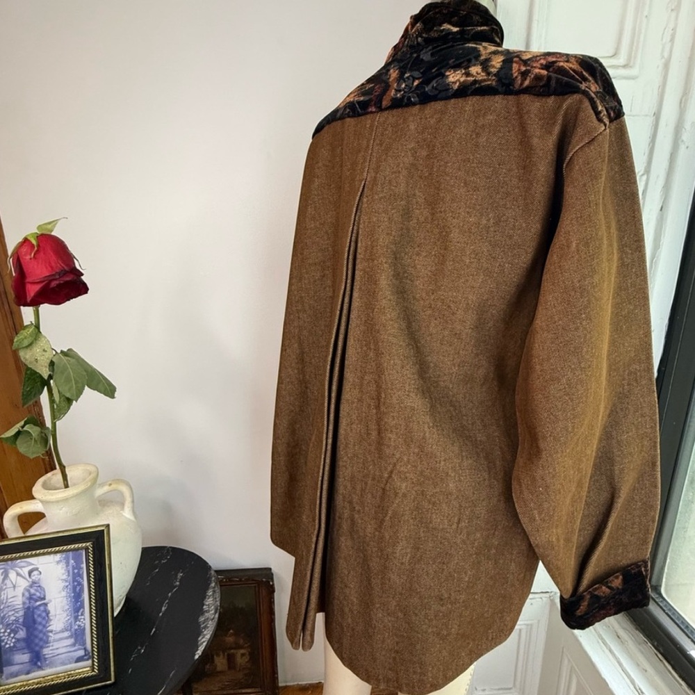 Vintage Raw Denim Brown Half Zip Jacket Velvet Trim Floral Appliqué handmade - Picture 11 of 13